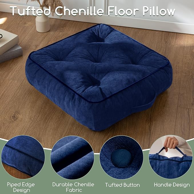 HIGOGOGO 6" Extra Thick Floor Pillow Cushion for Adults, Meditation Cushion Pillow with Handle, Lustrous Chenille Tufted, Square Floor Sitting for Tatami Living Room or Yoga, 22x22 Inch, 2Pack, Navy