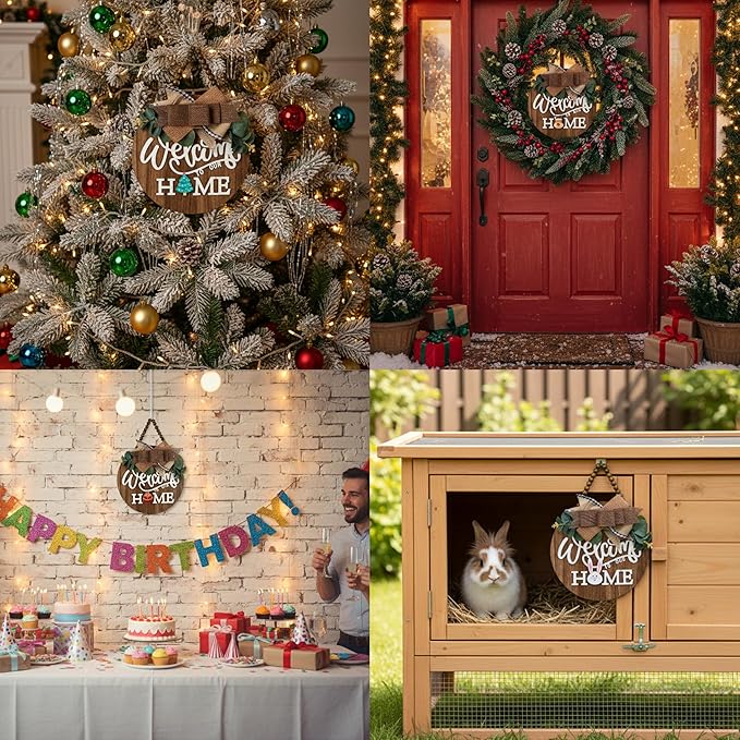 CondorPasea Interchangeable Welcome Door Sign with 16 Different Replaceable Patterns - 12" Round 3D Rustic Wooden Front Porch Decor, Artificial Leaves & Rustic Beads, Farmhouse/Classroom All Seasons Holiday (Christmas Halloween) Welcome Home Hanging Sign
