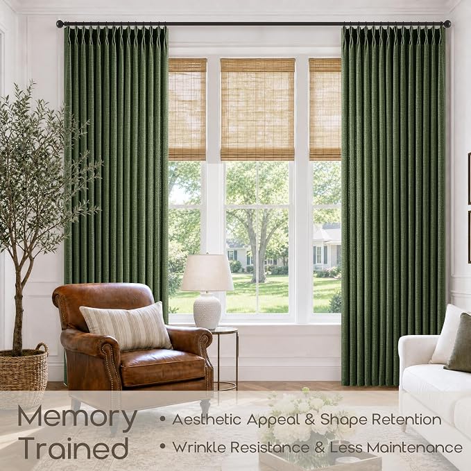 Olive Green Thick Linen Curtains 96 Inches Long Memory Training Light Filtering Pinch Pleat Curtains with Hooks Rings Back Tab Loden Boho Country Pleated Drapes for Living Room Sliding Door 2 Panels