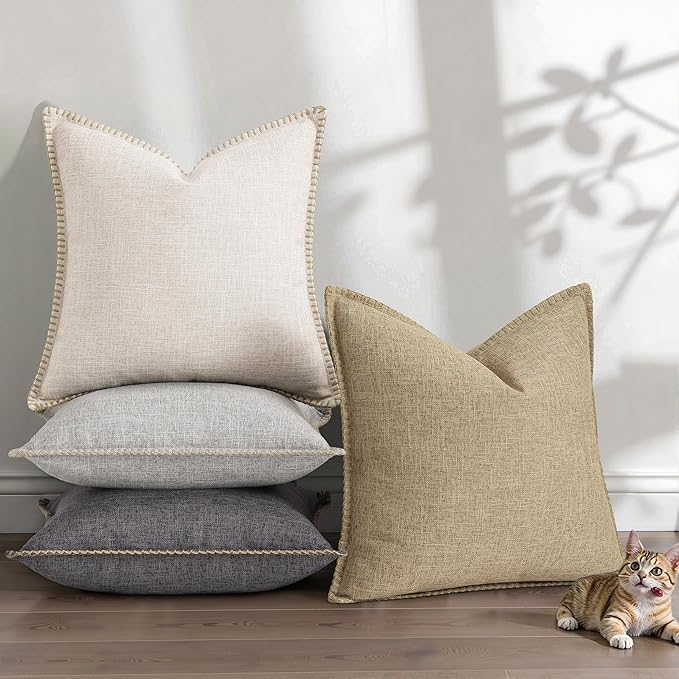 decorUhome Summer Decorative Throw Pillow Covers 20x20 Set of 2 Square Faux Linen Outdoor Neutral Farmhouse Pillow Covers with Stitched Edge for Couch Sofa Living Room, Beige