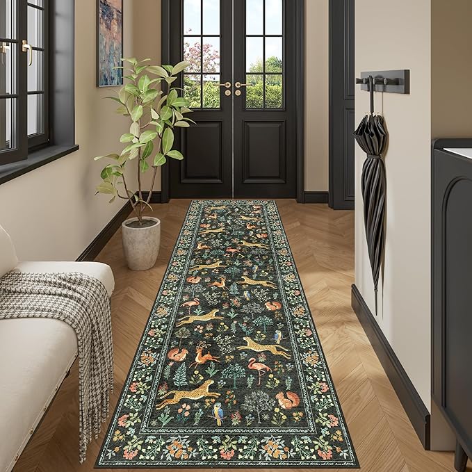 DUKINO 2x12 Washable Runner Rug, Ultra Soft Vintage Animal Runner Rug for Hallway, Lightweight Non Slip & Non Shedding Indoor Loog Carpet for Kitchen, Laundry Room, Bathroom, Bedroom, Entrance, Black