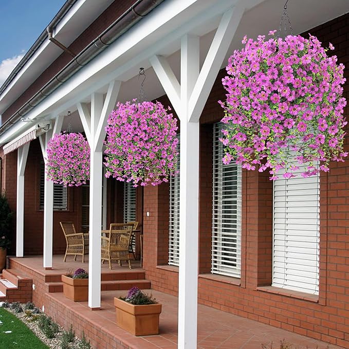 HyeFlora Artificial Hanging Flowers Basket for Outdoor, Fake Flowers Faux Plants Look Real for Yard Gardens Porch Patio Home (Purple)