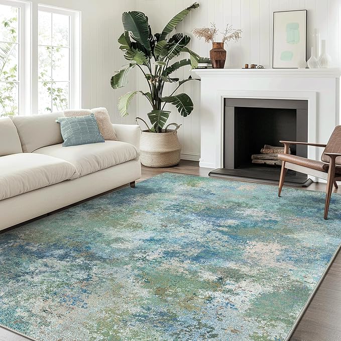 BEIMO Area Rugs 6x9 for Living Room Bedroom, Modern Abstract Machine Washable Rug, Large Soft Low Pile Floor Carpet with Non Slip Backing for Dining Room, Blue Green