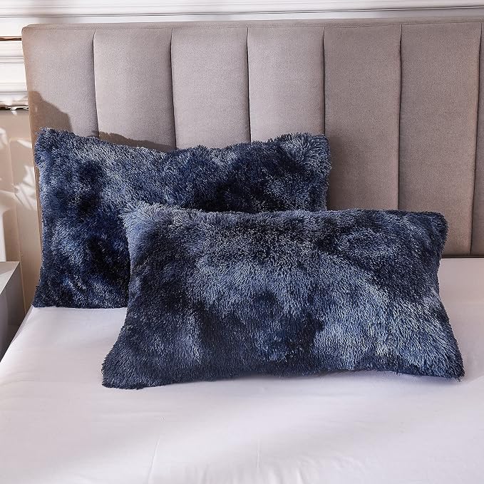 Tie Dye Printed Faux Fur Bedding Set Modern Abstract Shaggy Plush Duvet Cover with Pillow Shams, Ultra Soft Warm (Queen, Tie Dye Navy)