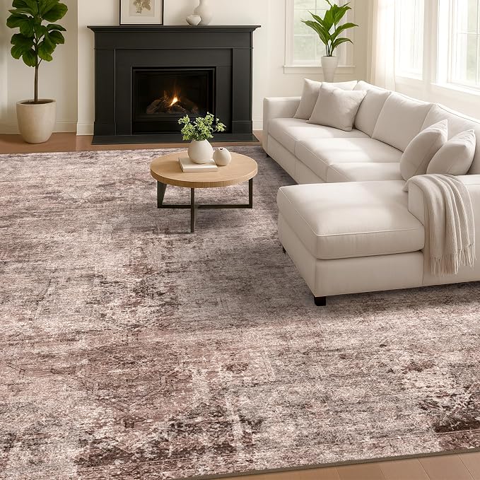 Hazo Haus 6x9 Washable Terracotta Area Rug for Living Room, Vintage Distressed Brown Red Rug for Dining Room Bedroom Office, Non Slip Low Pile Farmhouse Boho Stain Resistant Large Rug