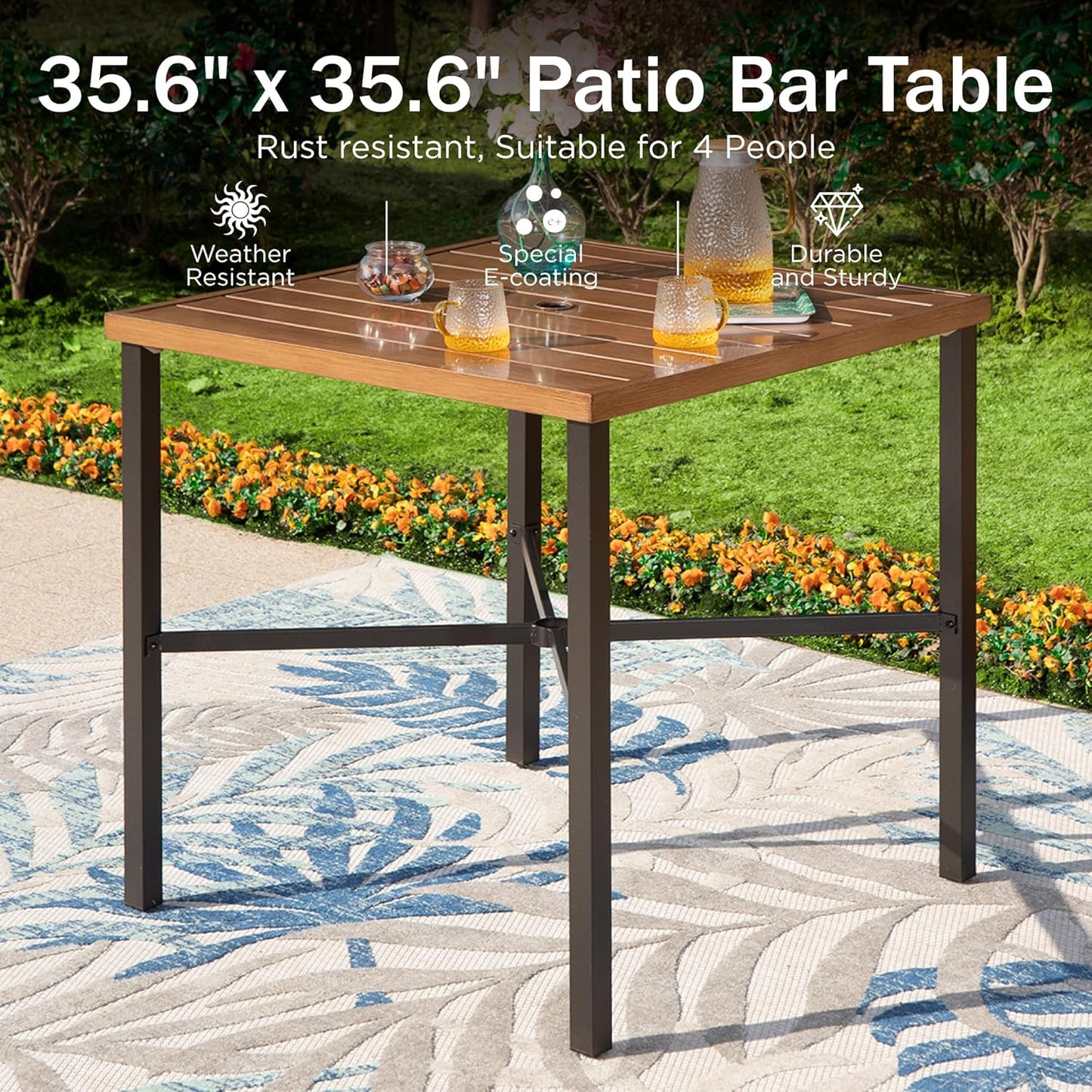 PHI VILLA 5 pcs Outdoor Bar Set, Outdoor Swivel Bar Stool with Red Seat Cushion and Lumbar Support,Extra Large Metal Bar Table with Umbrella Hole for Poolside Garden