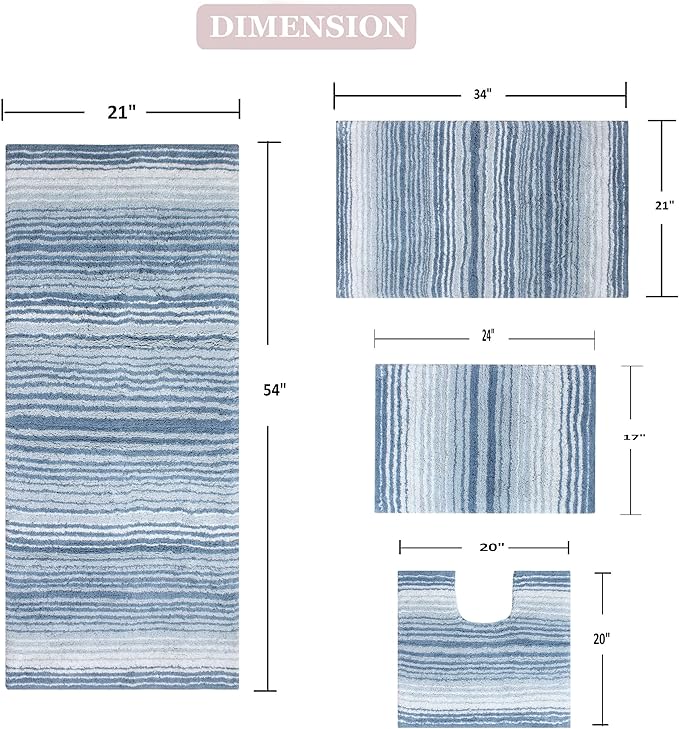 Home Weavers 100% Cotton Gradiation Collection Bathroom Décor | Washable Rug | Bathroom Mat | Kitchen Mat | Bathroom Rug Set | Bath Mat Set | Bath Floor Mat Non Slip, 4 Piece Set with Runner, Blue