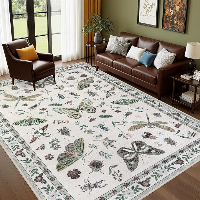 6x9 Area Rugs Living Room Rug: Vintage Washable Rug Floral Soft Carpet Indoor Floor Non-Slip Boho Stain Resistant Large Carpets for Bedroom Kids Nursery Dining Room Farmhouse Home Office Beige