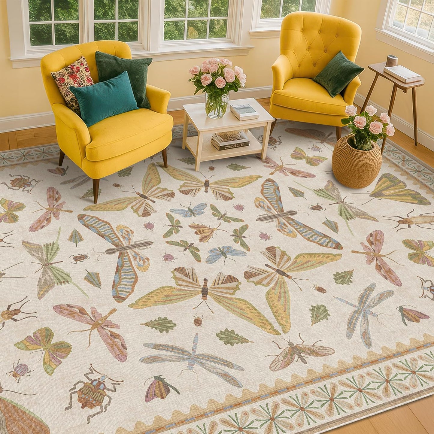 Beige Dining Table Rug - 6x9 Area Rugs for Bedroom, Living Room, Cute Kids Room, Large Fun Insect Butterfly Vintage Non-Slip Décor, Low Pile Stain Resistant