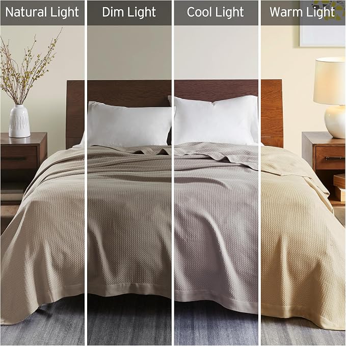 Madison Park 100% Egyptian Cotton Lightweight Summer Blanket, Breathable Waffle Knit Design, Soft Cozy All-Season Throw for Bed, Couch or Sofa, Khaki Taupe Twin Size (66"x90")