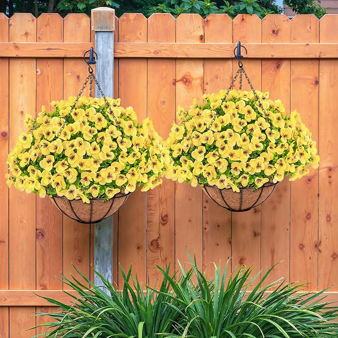 Artificial Hanging Flowers with Baskets for Outdoors, Fake Silk Pansy Flowers UV Resistant Faux Hanging Plants for Front Porch Patio Yard Home Spring Summer Decoration, Yellow