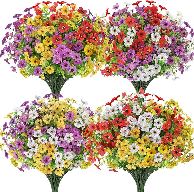 MERIXMAS 24 Bundles Artificial Flowers for Outdoors Decorations, Fake Flowers Artificial Plants Outdoor, Colorful Daisy Eucalyptus Realistic UV Resistant for Garden Patio Porch Home Decor