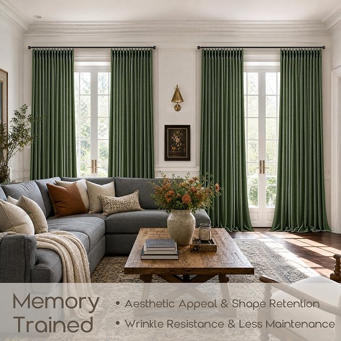 102 Inch Loden Pinch Pleated Curtains for Living Room Neutral Memory Shaped Light Filtering Privacy Olive Green Thick Linen Curtains with Back Tab Farmhouse Semi Sheer Pleat Bedroom Drapes 2 Panels