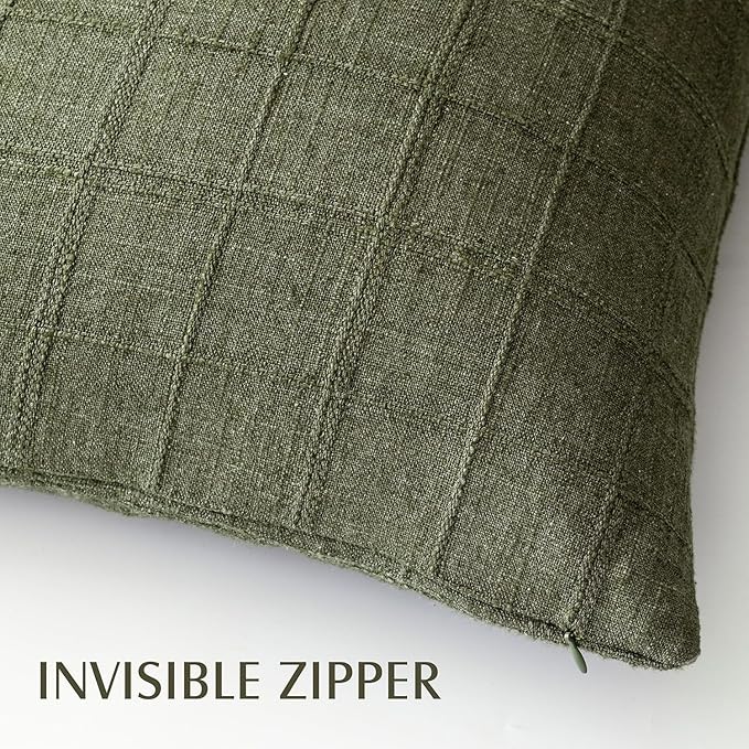 Foindtower Set of 2 Decorative Linen Check Throw Pillow Covers Neutral Farmhouse Vintage Cushion Covers Modern Boho Home Decor for Sofa Chair Couch Bedroom Living Room,16×16 Inch,Olive Green