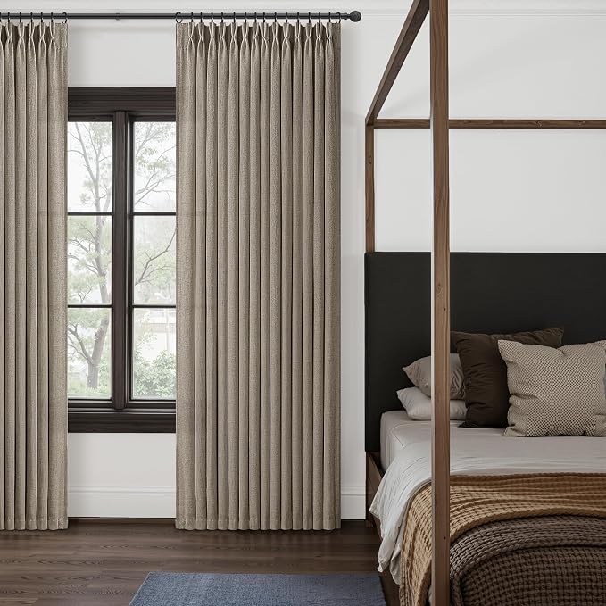 Pinch Pleated Extra Wide Bedroom Curtains 70 x 84 Inches Long 2 Panels Set, Memory Trained Dark Flax Linen Blend Semi Sheer Farmhouse Light Filtering Privacy Windows Drapes for Living Room 7 FT Length