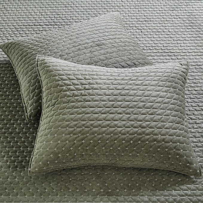 Levtex Home - Velvet Stitch Quilt Set - King Quilt and Two King Shams - Cross Stitch Velvet - Green with White - Quilt (106x92in.) and Shams (20x36in.) - Reversible - Polyester
