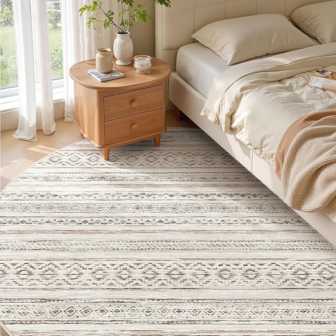 cotiled 8x8 Round Area Rug Living Room: Washable Boho Rugs with Non Slip Backing Large Soft Indoor Stain Resistant Carpet for Bedroom Farmhouse Dining Room Lightweight Home Decor Cream Brown