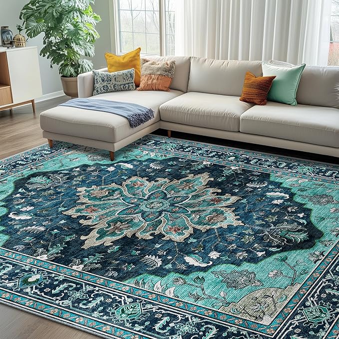 RELEANY Area Rugs 7'x10' Washable Non-Slip, Floral Vintage Distress Print Pattern Medallion Carpet for Living Room Bedroom Dining Room, Teal Green Lake Blue Turquoise