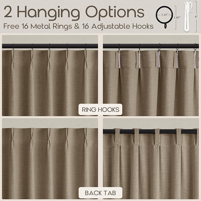 Brown Thick Linen Curtains 108 Inches Long Pinch Pleat Back Tab Semi Sheer Light Filter Curtains with Rings Hooks Memory Training Neutral Bohemian Textured Drapes for Living Room Bedroom 2 Panels
