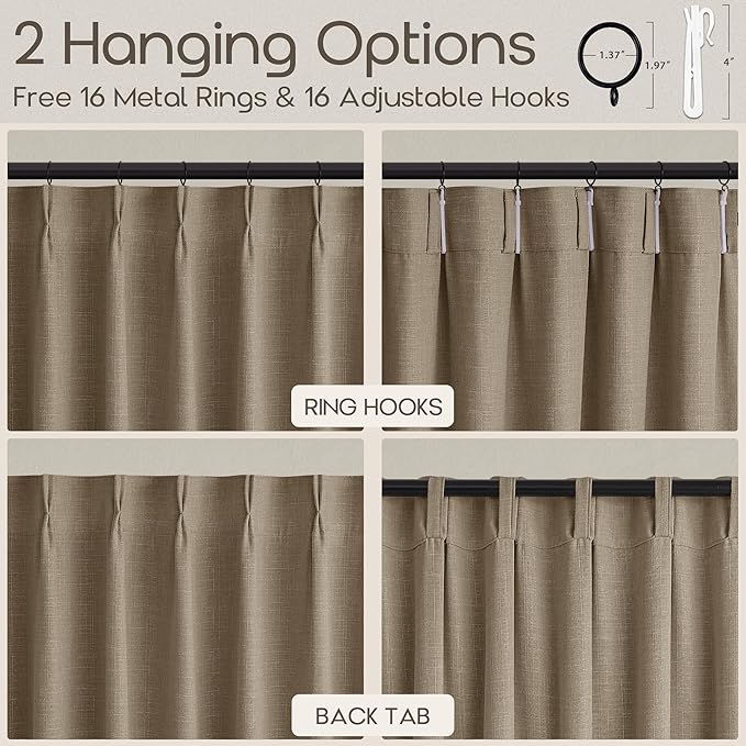 Pinch Pleated Thick Linen Curtains 102 Inch Light Filtering Sheer Neutral Boho Back Tab Window Curtains for Living Room Patio 102 Inches Dark Flax Brown Pinch Pleat Sliding Door Drapes 2 Panels