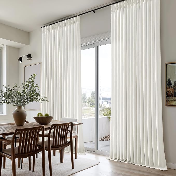 Natural Cream Semi Sheer Pinch Pleated Linen Curtains 90 Inch Long | Beige Ivory Neutral, Light Filtering Privacy, Bedroom Living Room, Flax Linen Textured, Hook Rings Memory Shape, Boho Modern