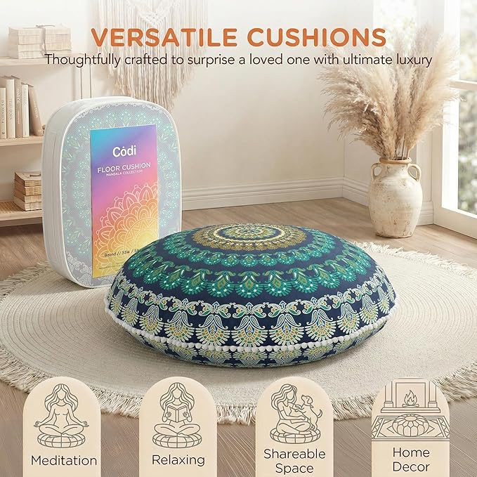 Codi Meditation Floor Pillow Set of 2, Round Large Pillows Seating for Adults and Teens, Bohemian Mandala Circle Cushions for Outdoor Fireplace Yoga Living Room, 32 Inch, Memory Foam Added, Green