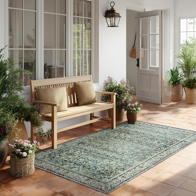 3x5 Area Rug for Entryway Indoor Low Pile Green Rugs with Washable Non Slip Boho Vintage Distressed Ultra Thin Entry Way Rugs for Kitchen Laundry Room Bathroom Inside House,3 x 5,Dark Green and Blue