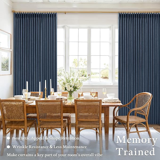 Navy Blue 84 Inch Pinch Pleated Blackout Textured Linen Curtains for Bedroom 2 Panels Memory Trained 100% Black Out Room Darkening Window Curtains Double Layer Pinch Pleat Drapes