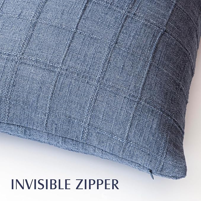 Foindtower Set of 2 Decorative Linen Check Throw Pillow Covers Neutral Farmhouse Vintage Cushion Covers Modern Coastal Boho Home Decor for Sofa Chair Couch Bedroom Living Room,22×22 Inch,Blue