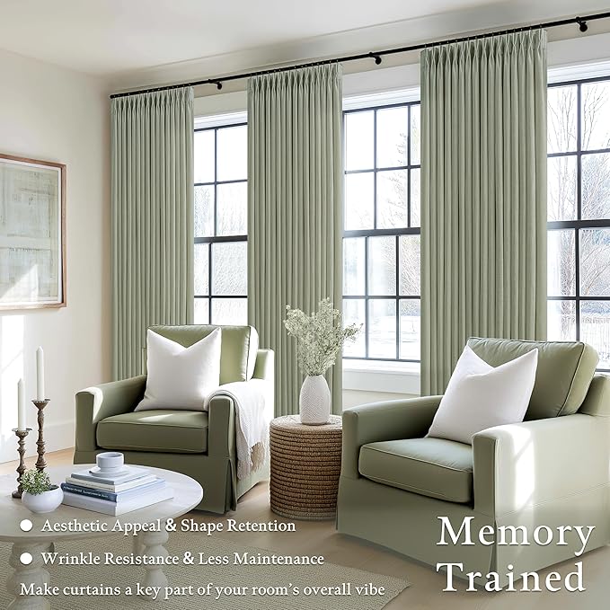 Sage Green Linen Curtains 96 Inches Long 2 Panels Set Pinch Pleat for Living Room Dining Light Filtering Semi Sheer Ceiling Track Curtains with Hooks Rings Pleated Drapes for Bedroom Window 8FT