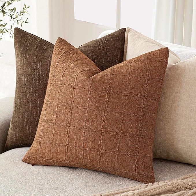 Foindtower Set of 2 Decorative Linen Check Throw Pillow Covers Neutral Farmhouse Vintage Cushion Covers Modern Boho Home Decor for Sofa Chair Couch Bedroom Living Room,22×22 Inch,Orange