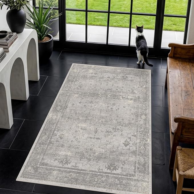 Washable 3x5 Entryway Rug, Non-Slip Low Pile Area Rug for Kitchen, Living Room & Laundry Room, Mineral-Inspired Marble Pattern Neutral Gray Floor Mat
