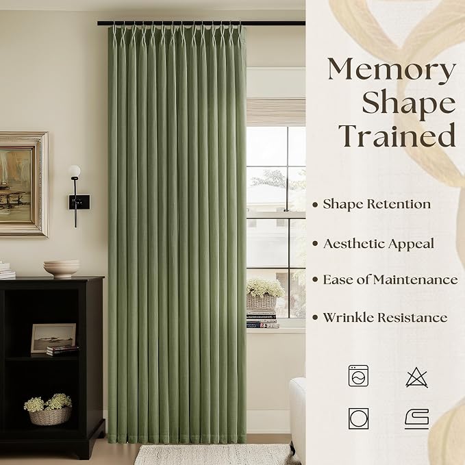Pinch Pleated Olive Green Linen Curtains 120 Inches Long 2 Panels for Bedroom Living Room Thick Linen Textured Window Drapes Back Tab Hooks Rings Semi Sheer Light Filtering Moss Green Loden Decor