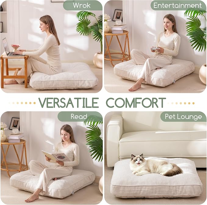 HIGOGOGO 35" Floor Pillow Cushion for Adults, Meditation Cushion Pillow, Extra Large Square Floor Sitting, Tufted Corduroy Cover for Tatami Living Room or Yoga, Beige