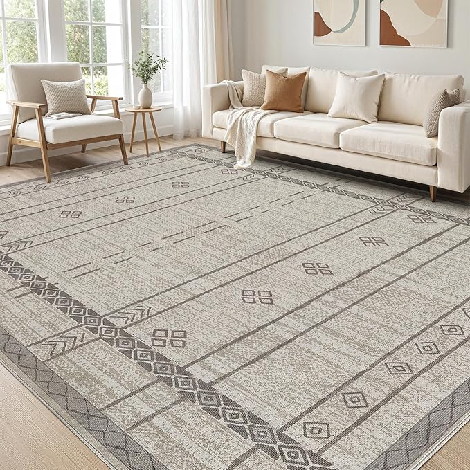 cotiled 5x7 Area Rug Living Room: Washable Boho Rugs with Non Slip Backing Large Soft Indoor Stain Resistant Carpet for Bedroom Farmhouse Dining Room Lightweight Home Decor Grey Brown