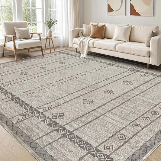 cotiled 5x7 Area Rug Living Room: Washable Boho Rugs with Non Slip Backing Large Soft Indoor Stain Resistant Carpet for Bedroom Farmhouse Dining Room Lightweight Home Decor Grey Brown