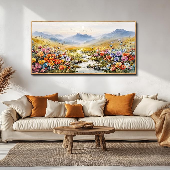 XIGUANGART Floral Framed Canvas Wall Art, 24"X48" Watercolor Flower Colorful Oil Painting, Modern Wildflower Wall Decor, Large Flowers River Sunrise Landscape Artwork for Living Room, Bedroom, Office