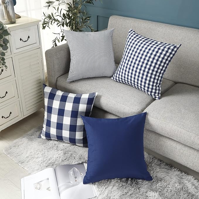 CARRIE HOME Navy Blue Buffalo Check Pillow Covers 18x18 Set of 2 Blue Bufflao Plaid Outdoor Pillow Covers Navy Throw Pillows for Farmhouse Christmas Decor