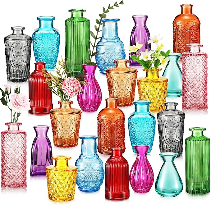 Dandat 24 Pieces Colored Small Vases Decorative Glass Bud Vases Rustic Embossed Colorful Bottles Vintage Glass Bottles for Flowers Home Wedding Decor Table Centerpieces Decorations, 12 Styles