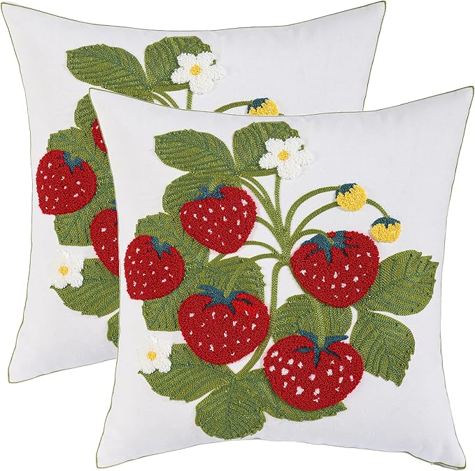 Embroidered Throw Pillow Covers 18x18 inch Pack of 2 Red Strawberry with Green Leaves Floral Pillowcases Farmhouse Pillow Cushion Cases Spring Summer Home Decor for Sofa Bed Living Room