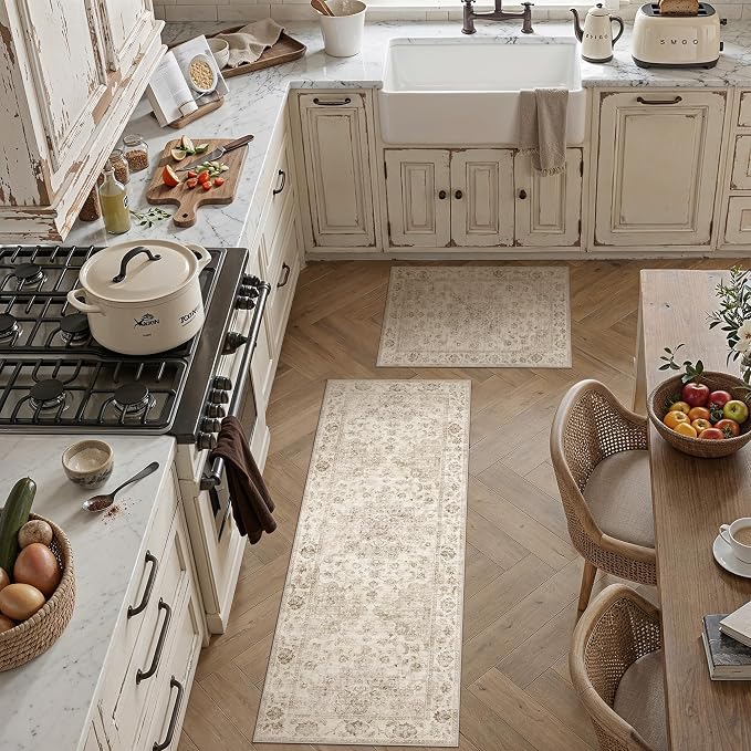 2 Piece Washable Kitchen Rug Set Beige Vintage Runner Mats Non-Slip Soft Low Pile Farmhouse Area Rugs for Floor Sink Laundry Bedroom Bathroom Living Room, 2x3 + 2x6