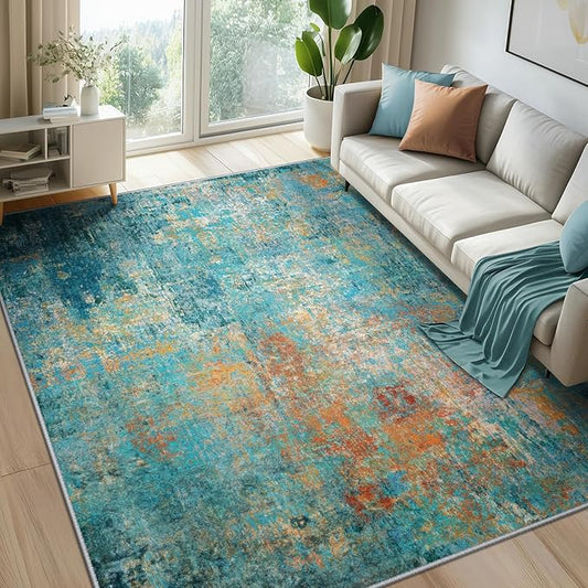 RELEANY Washable Area Rugs 7'x9' Non-Slip Modern Abstract Soft for Living Room Entryway Bedroom Nursery, Print Pattern, Teal Blue Green Orange Rust Red Coloreful