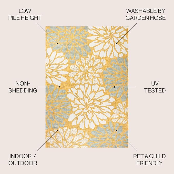 JONATHAN Y Floral Textured Weave Indoor Outdoor Area Rug 4X6 Yellow/Cream, Zinnia Modern for Backyard, Patio, Porch, Easy-Cleaning, High Traffic, Pet-Friendly, Non-Shedding (SMB110G-4)