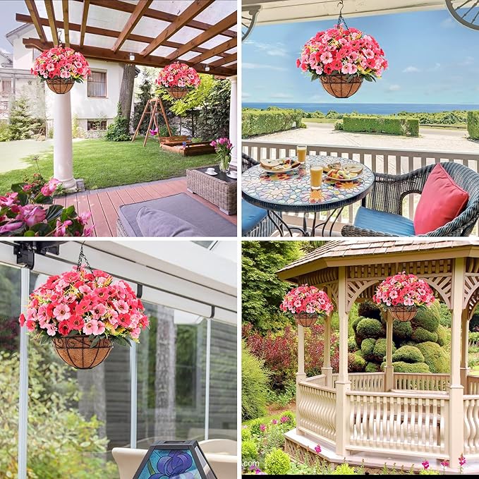 Ouddy Decor Artificial Hanging Flowers with Basket, Fake Silk Hanging Flowers in Coconut Lining Basket Faux Hanging Plants for Outdoor Indoor Spring Garden Porch Patio Balcony Home Decor, Pink