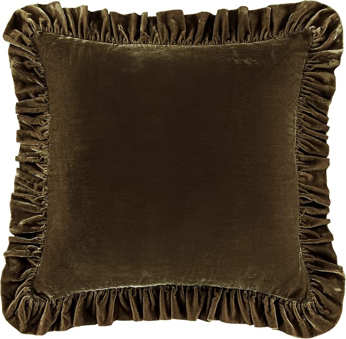 HiEnd Accents Stella Faux Silk Velvet Euro Sham Pillow Cover, 27x27 inch, Green Ochre, Romantic Western Modern Traditional Style Luxury Bedding