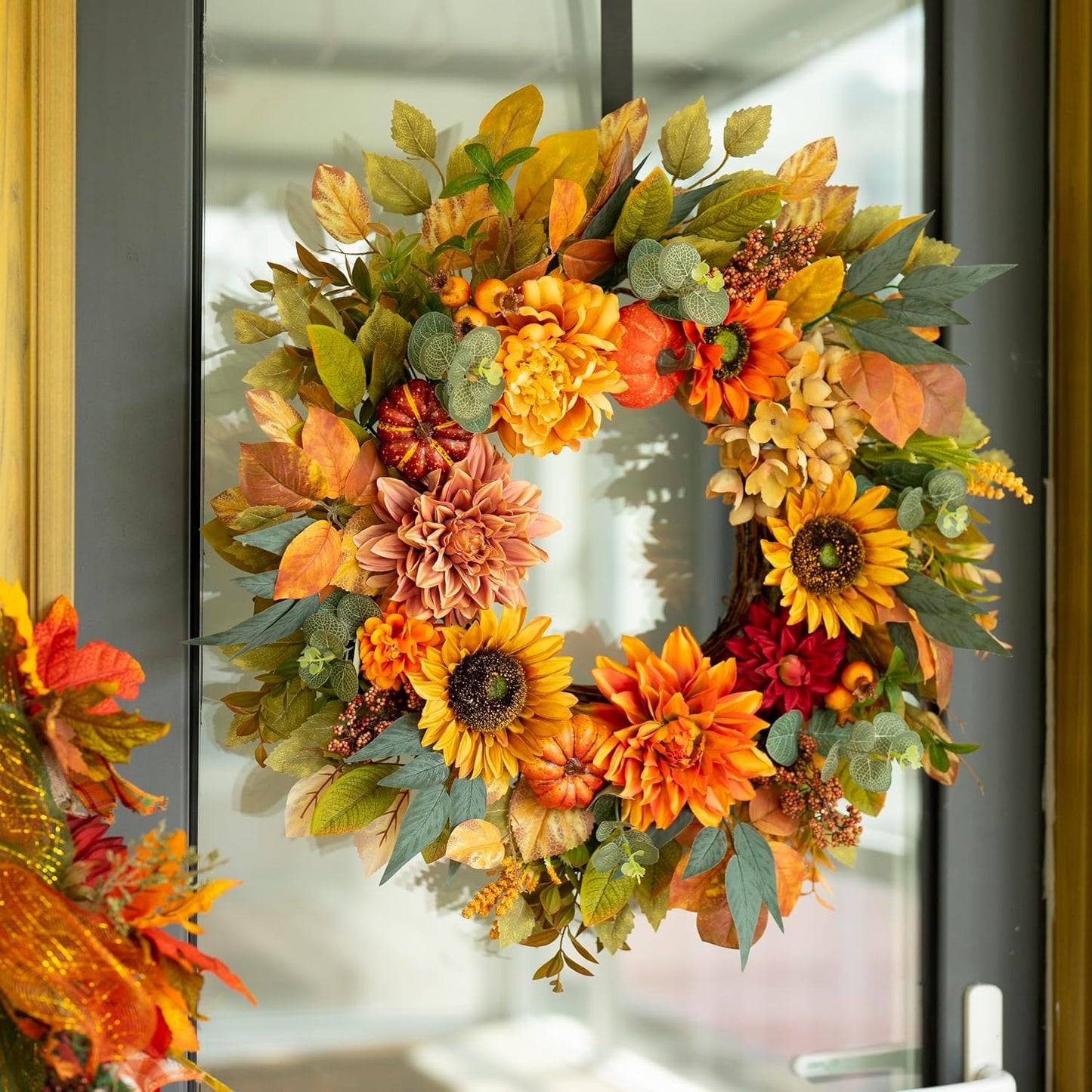 Fall Wreaths for Front Door 24 Inch Autumn Wreath with Sunflowers, Pumpkins Dahlia & Maple Leaves Outdoor Fall Wreath for Thanksgiving, Harvest, Halloween Home Décor