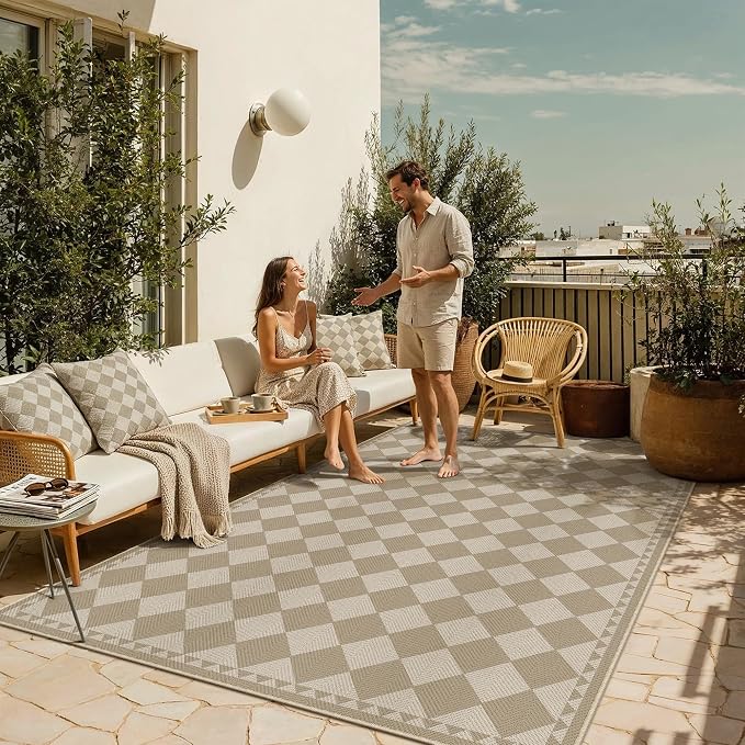 HUGEAR 6x9 Outdoor Rug Brown/Beige Linen-Look Fabric Checkered Area Rug High Traffic Stain Resistant Easy Clean Durable Rugs for Indoor/Outdoor Patio Deck Balcony Porch Garden Courtyard