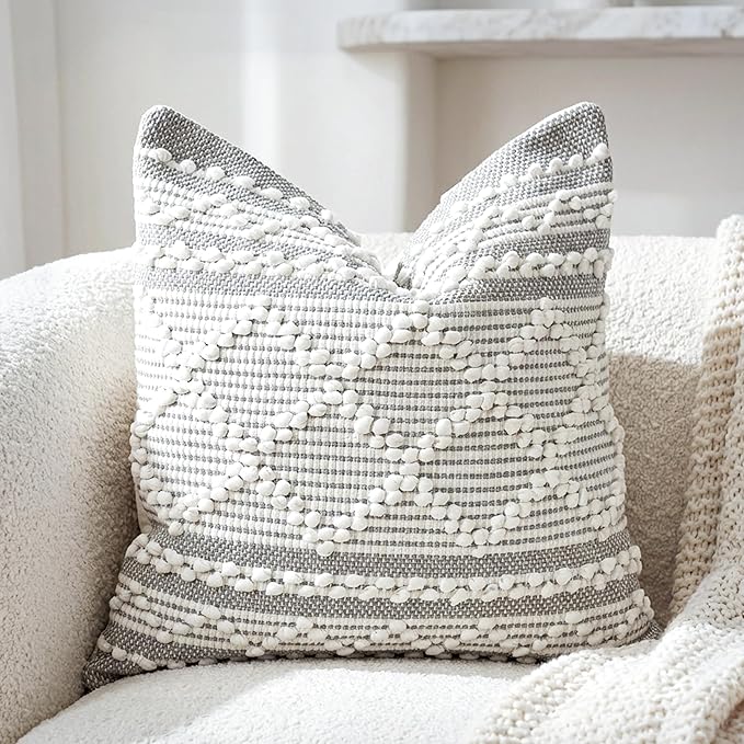 BlissBlush Gray White Decorative Throw Pillow Cover 20X20, Boho Accent Pillow for Couch, Square Modern Farmhouse Pillowcase for Living Room Couch Sofa Cushion Home Décor (Pack of 1)
