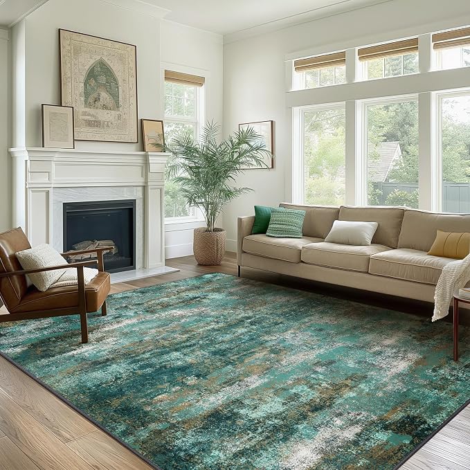 BEIMO Machine Washable Rug 9x12 Area Rugs for Living Room Bedroom, Large Turquoise Abstract Area Rug Soft Throw Rugs, Low-Pile Floor Carpet with Non Slip Rubber Backing