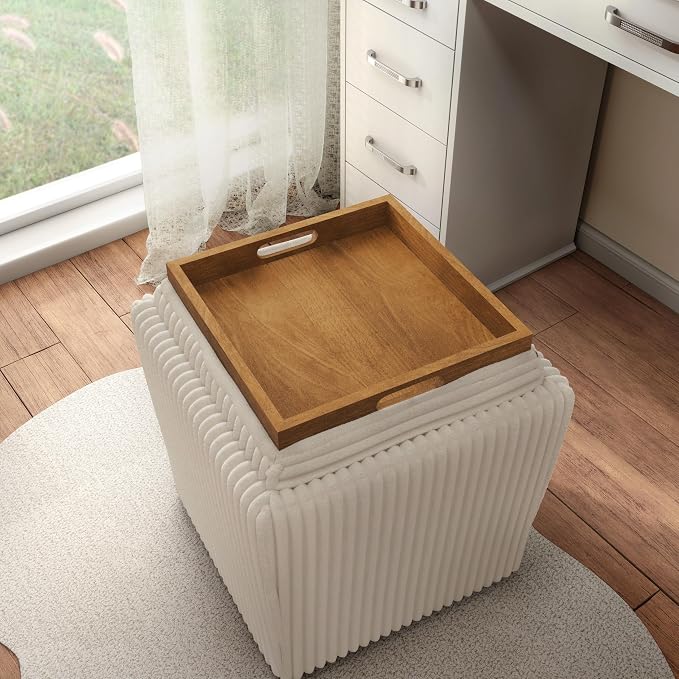 Furniture of America Lennox Modern Chenille 17-inch Square Storage Ottoman with Reversible Tray Top, Upholstered Footstool for Living Room, Bedroom, Entryway, Beige Pink